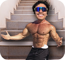 Um corpo de um bodybuilder que não aguenta subir uma escada.